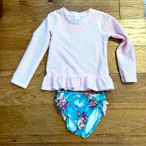 Ruffle Butts pink and white seersucker, Fancy me pattern-  size 4t swimsuit set